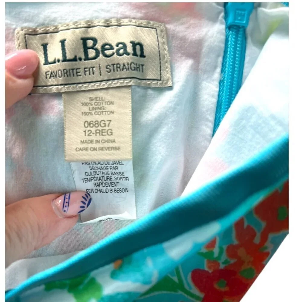 L.L. Bean Favorite Fit Straight Skirt Bright Aqua Floral Summery Size 12